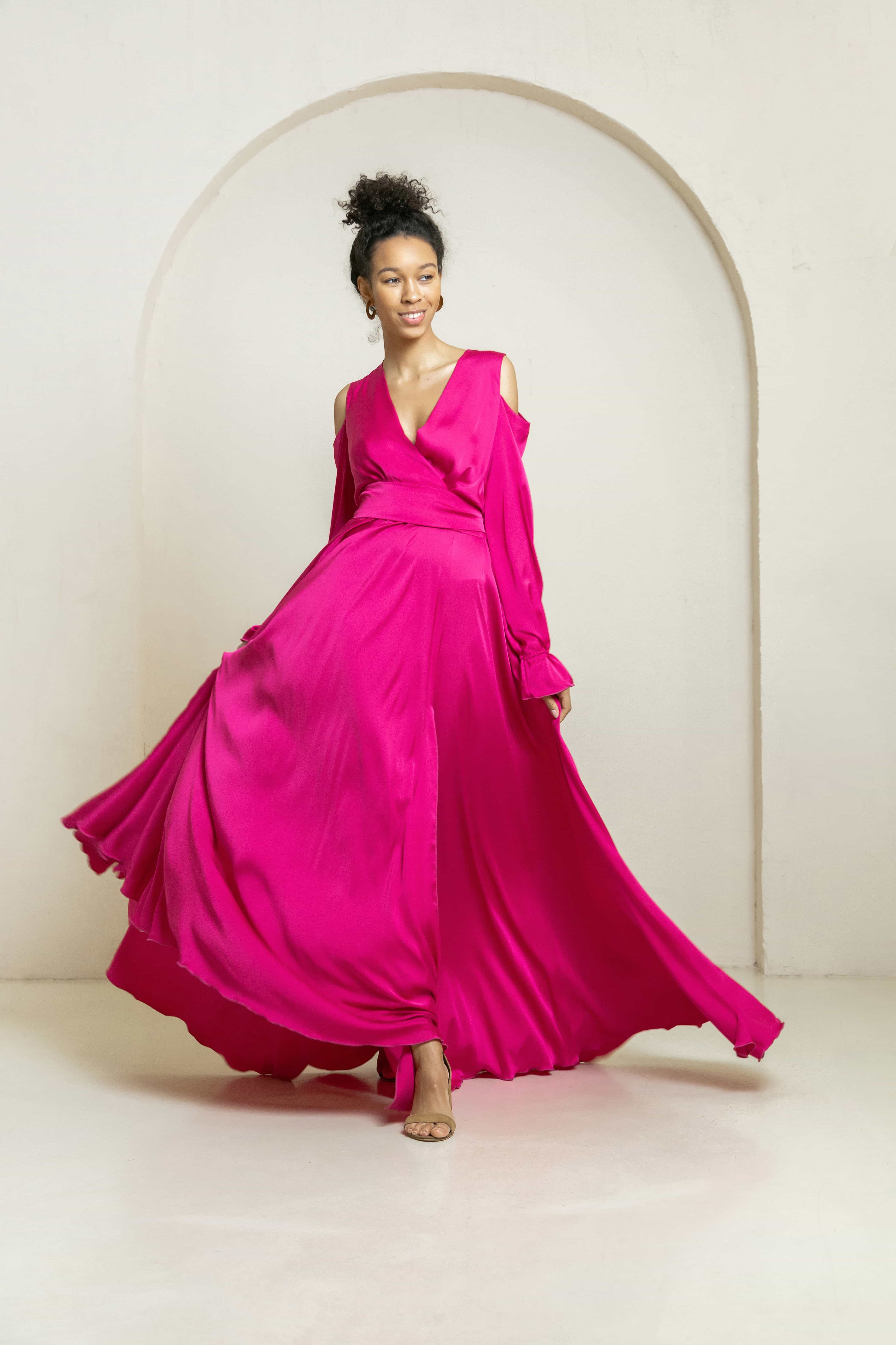 Floor Length Satin Magenta Dress