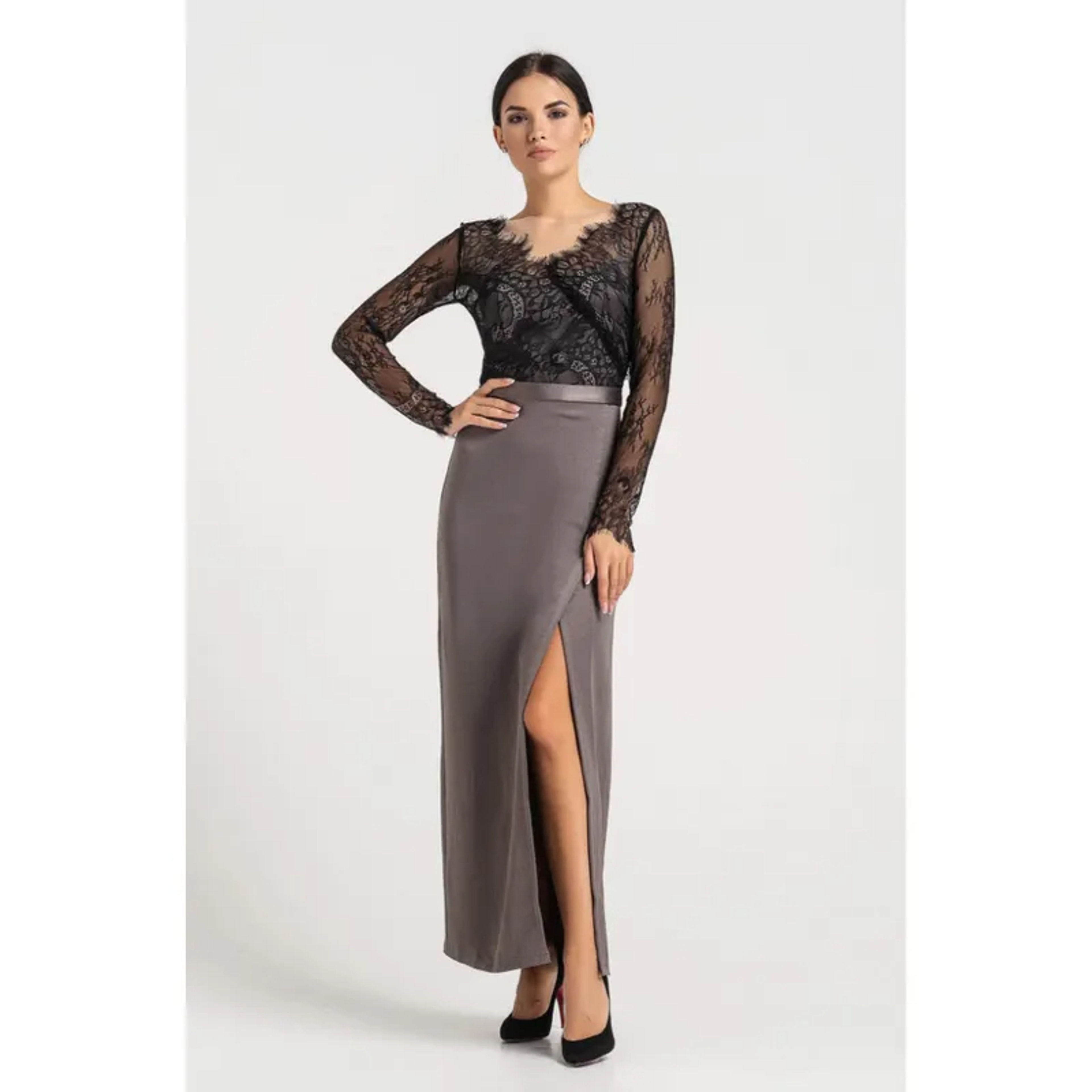 Lace Bodice Maxi Satin Black Grey Dress