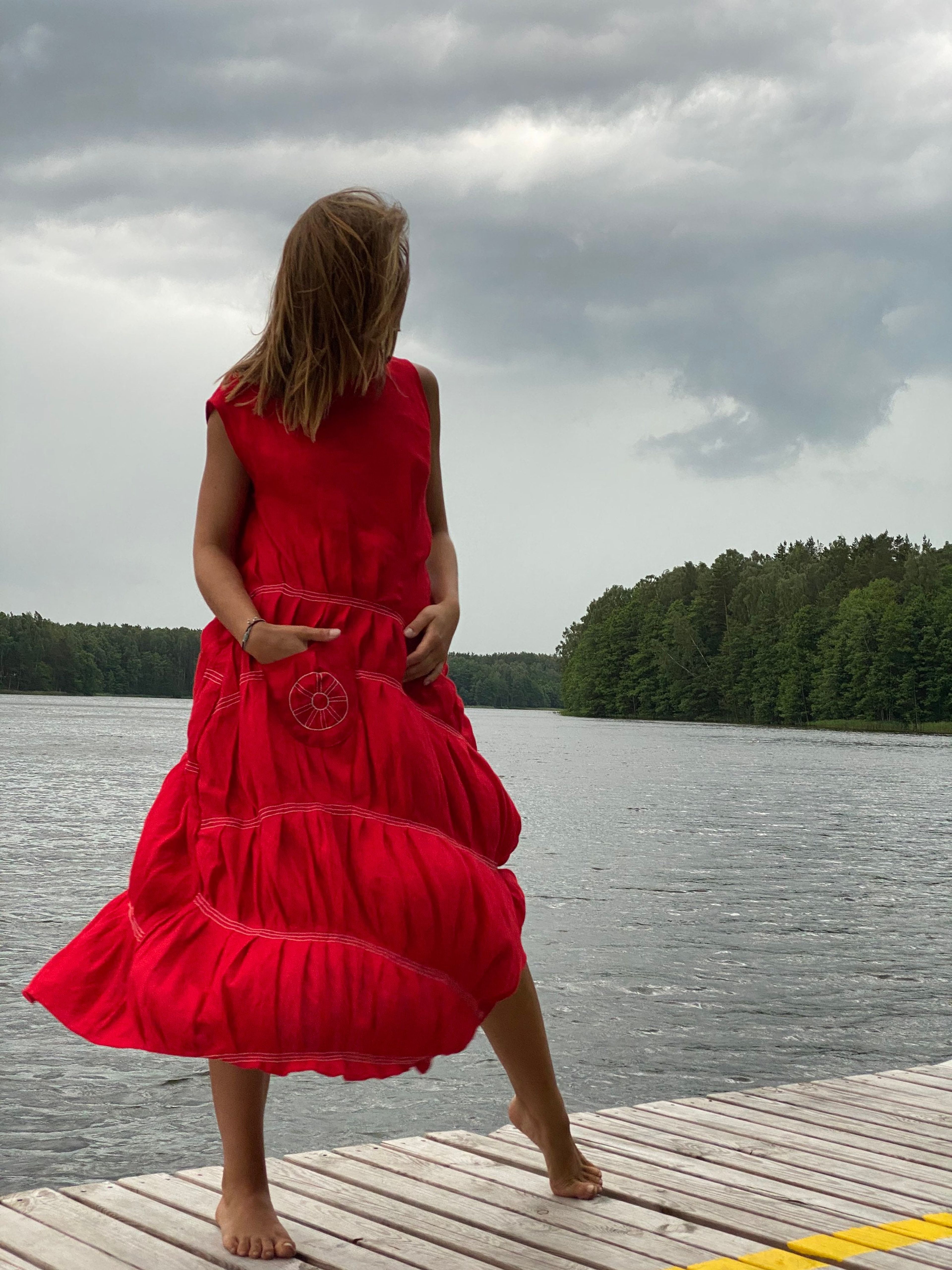 Red Linen Reversible Sleeveless Tunic Dress