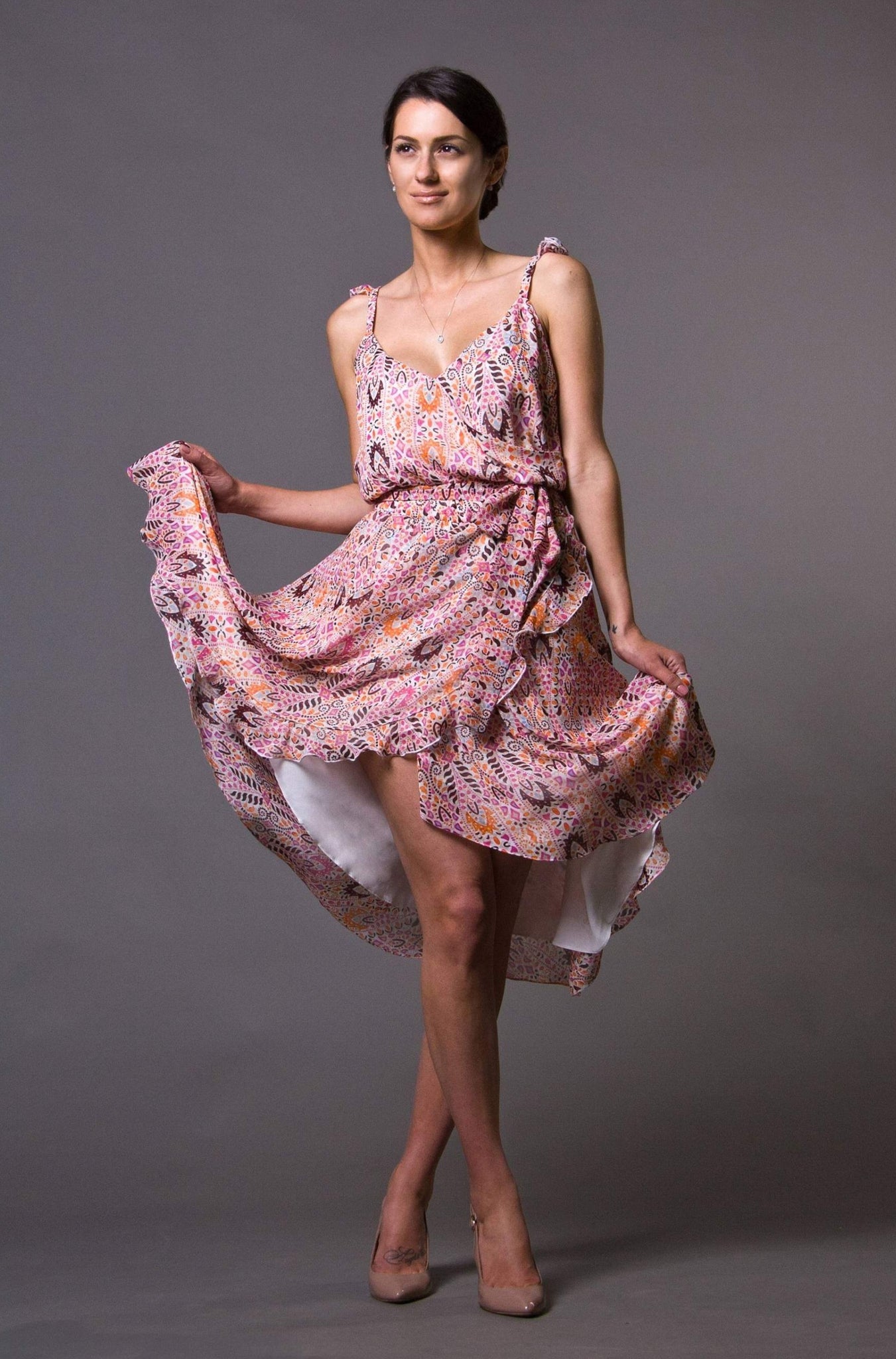 Floral Chiffon Ruffled Sundress Custom Made Women's Suits, Dresses