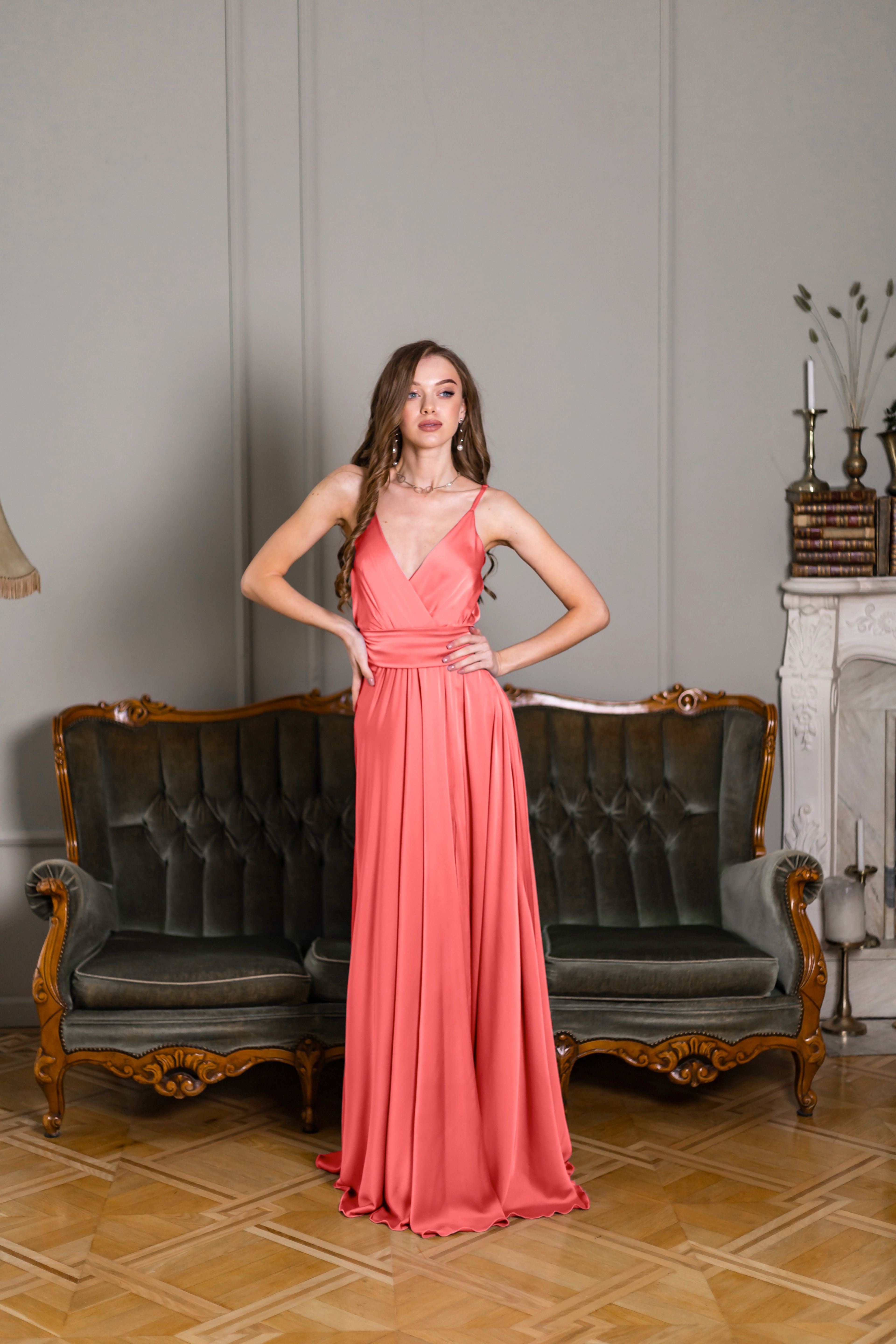 Elegant Sleeveless Coral Maxi Gown