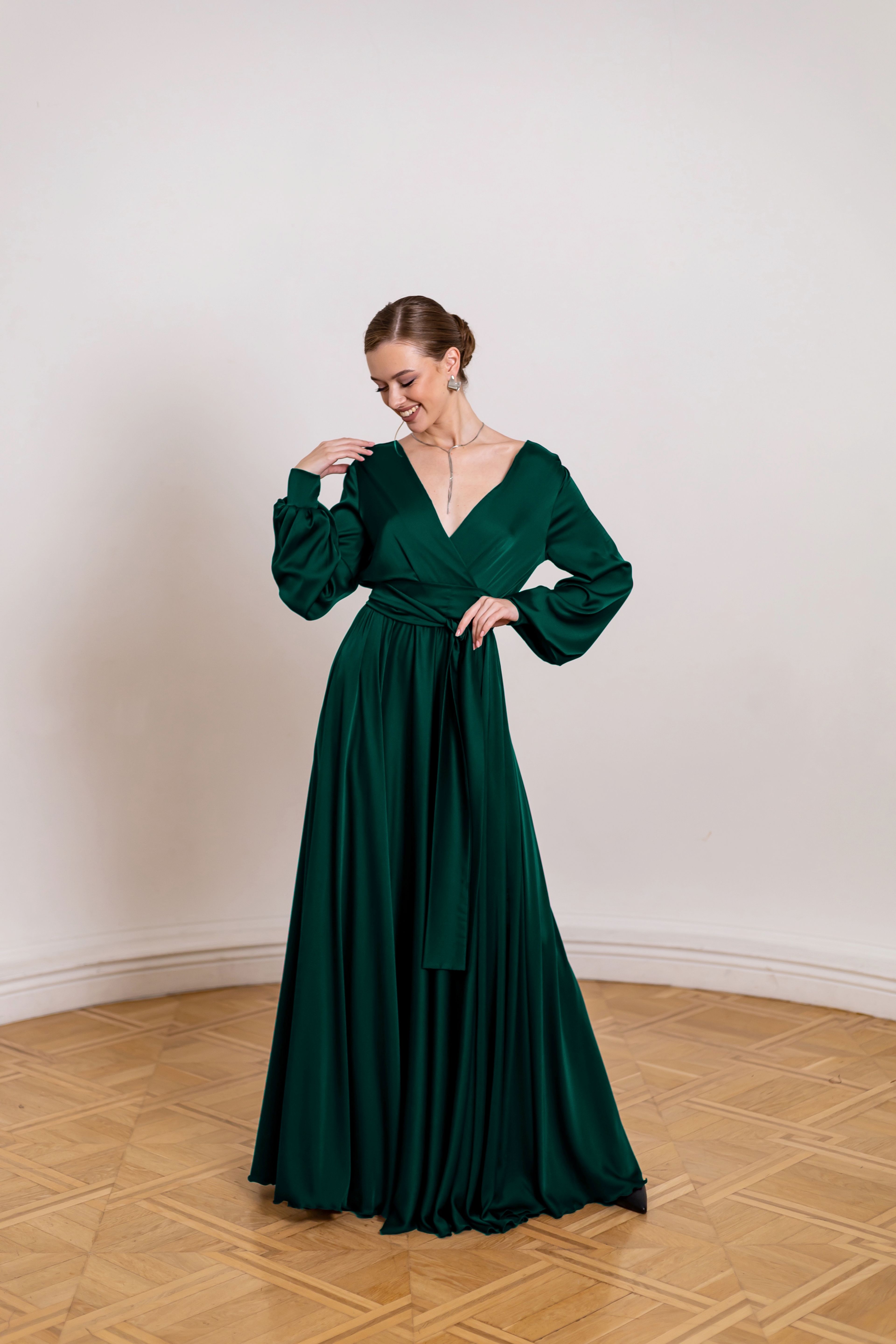 Elegant Emerald Satin Maxi Dress