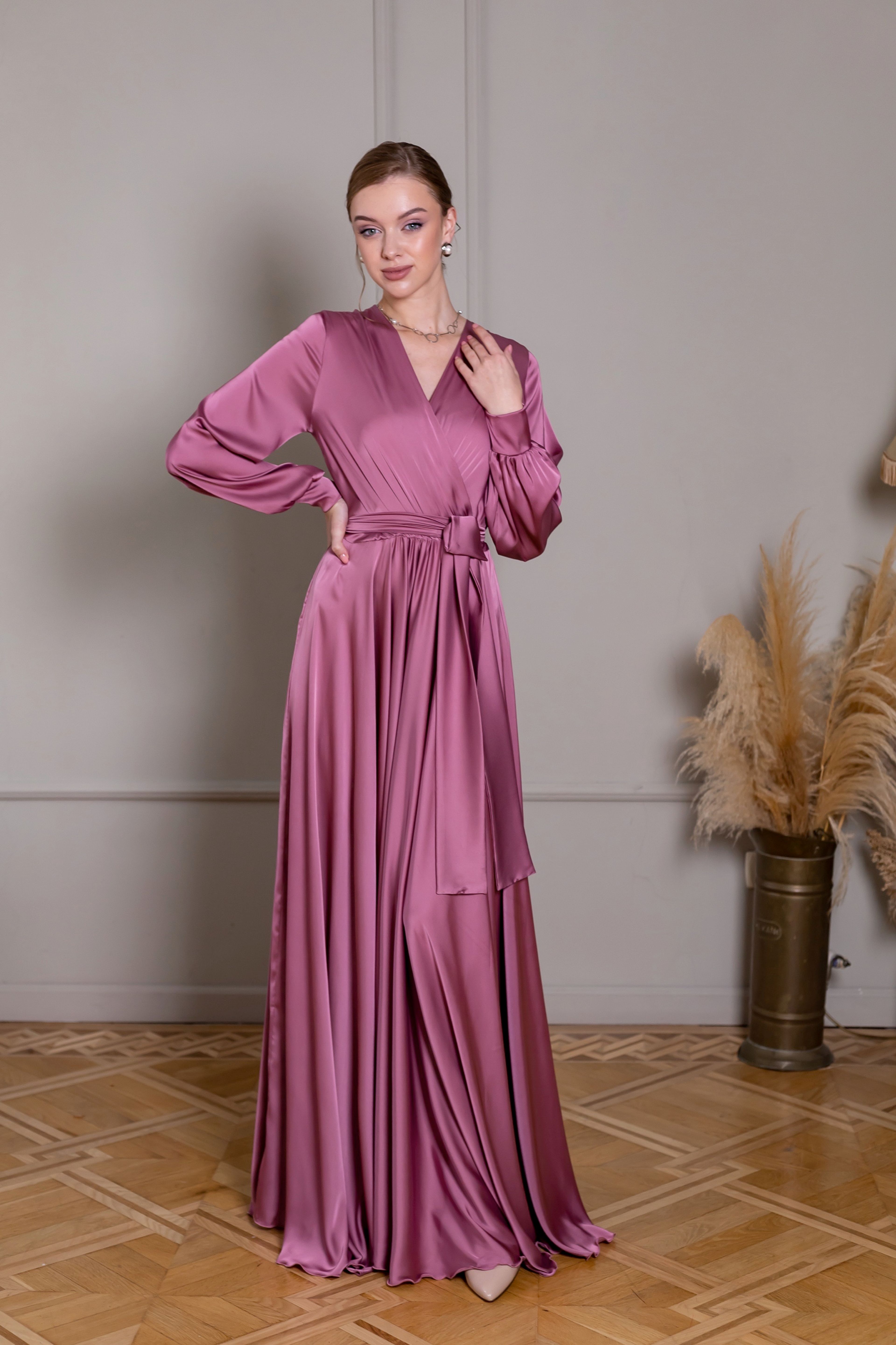 Elegant Pink Satin Maxi Dress