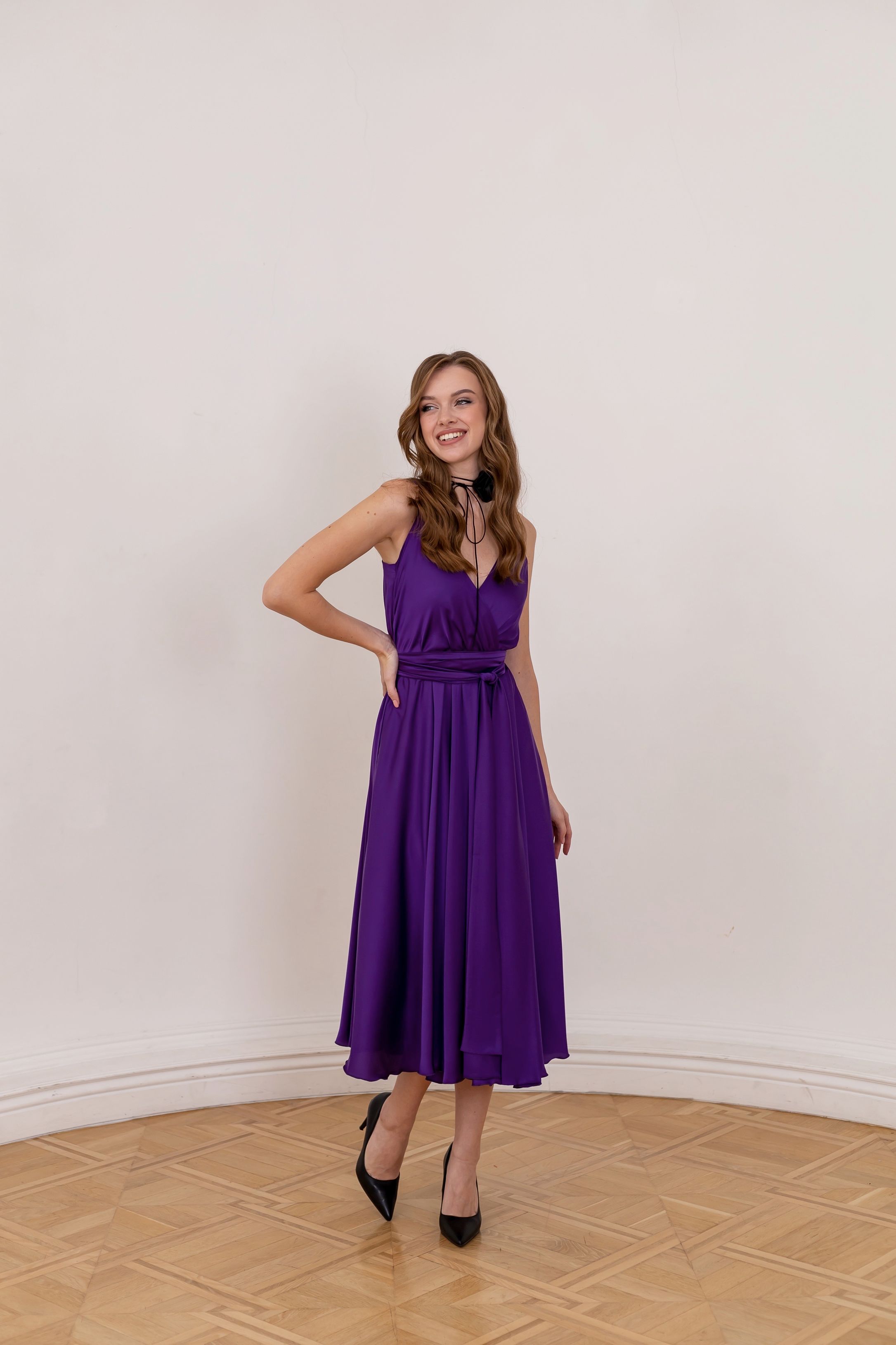 Royal Purple Satin Midi Dress Custom Made Women's Suits, Dresses