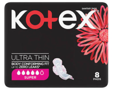 KOTEX ULTRA THIN PADS, SUPER SIZE SANITARY PADS WITH WINGS, 8 PADS