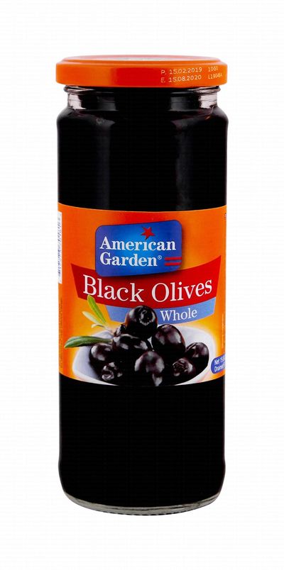 AMERICAN GARDEN WHOLE BLACK OLIVES 450G