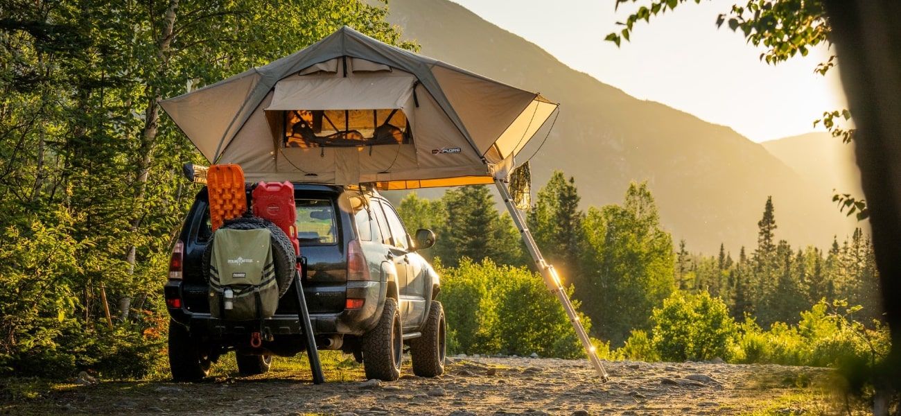 Roof top tent set up at camp