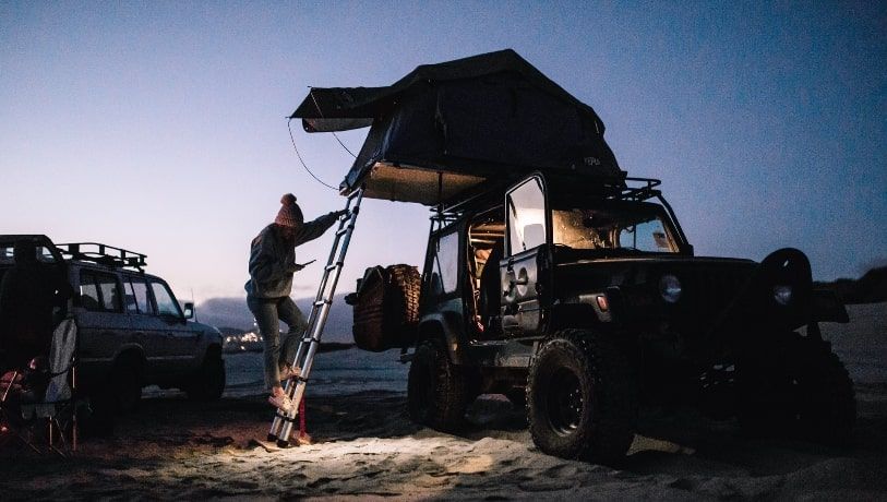 Roof top tent at night