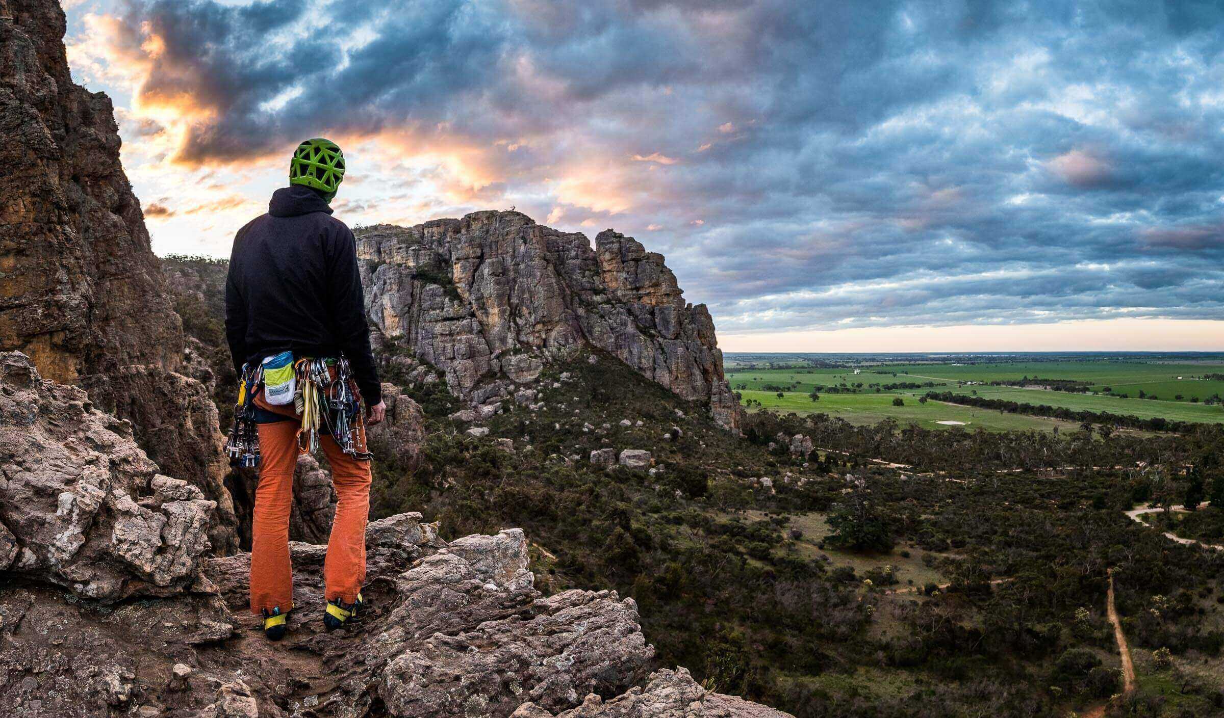 A stitched panorama of Mike McCormack watching sunset over the rock climbing mecca of Mount Arapiles, Victoria