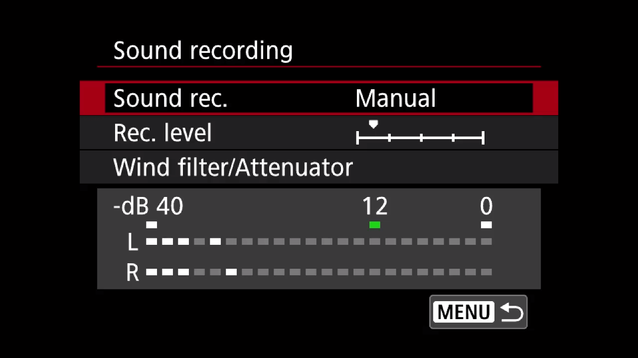 Sound recording function screen on a Canon EOS M50