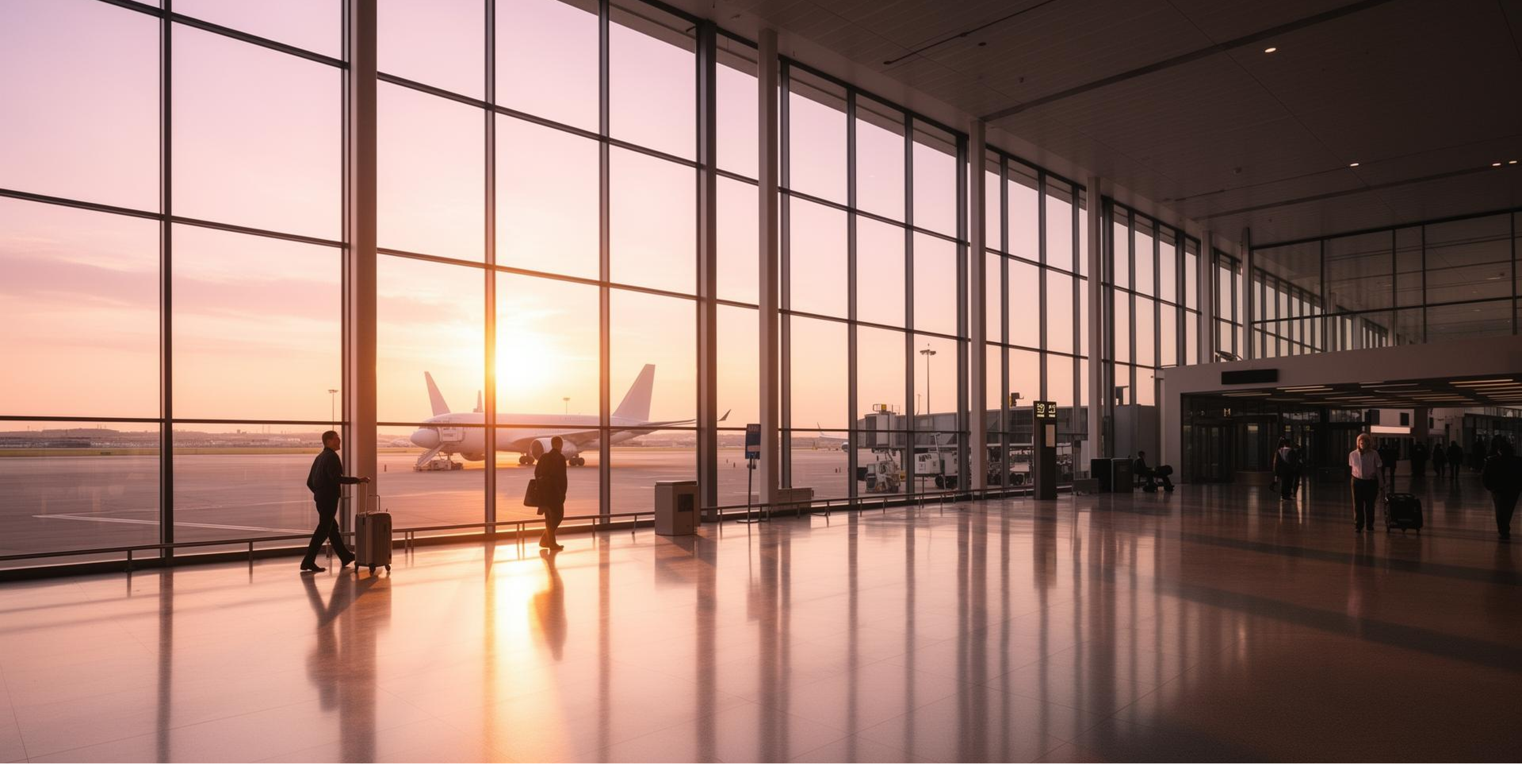 Modern airport terminal at golden hour with travelers and aircraft