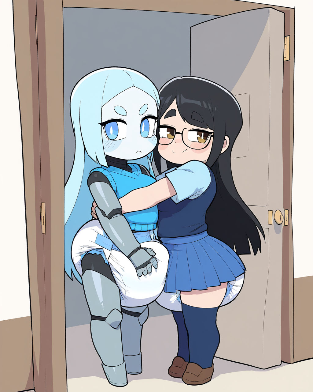 Girl hugging robot, symbolizing passing through