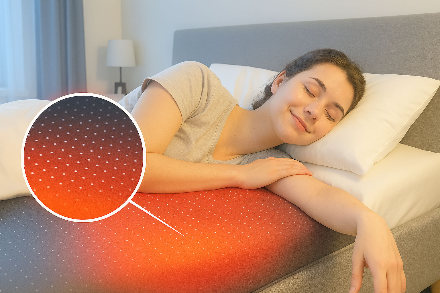 Person sleeping peacefully on a bed with Earthbound grounding cover visible
