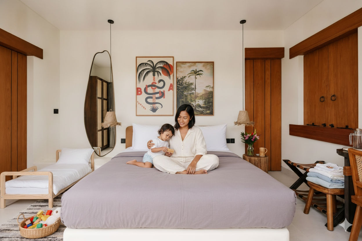 Mother and baby with family in a tranquil Bali villa garden