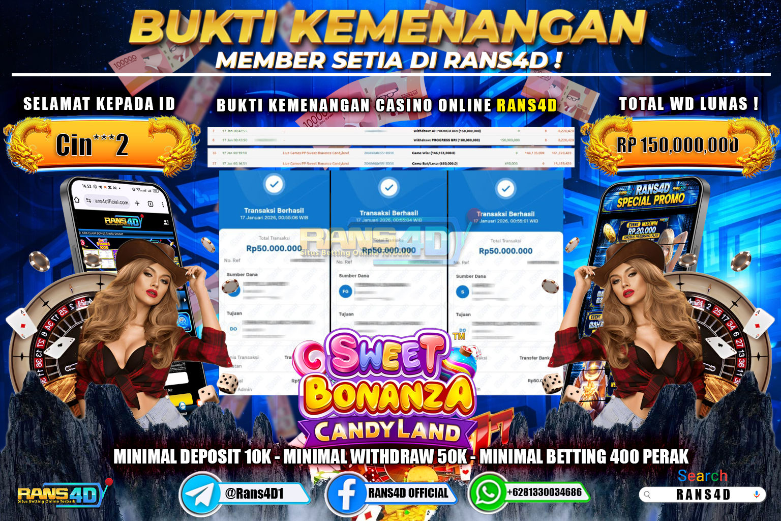 RANS4D JACKPOT LIVE SWEET BONANZA CANDYLAND RP 150.000.000; LUNAS