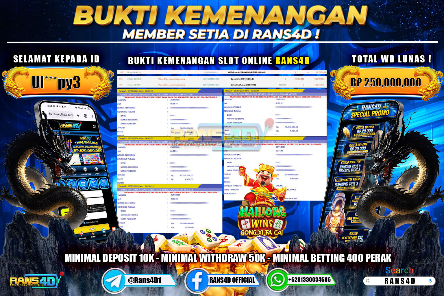 RANS4D JACKPOT SLOT MAHJONG WINS GONG XI FA CHAI RP 100.000.000; LUNAS