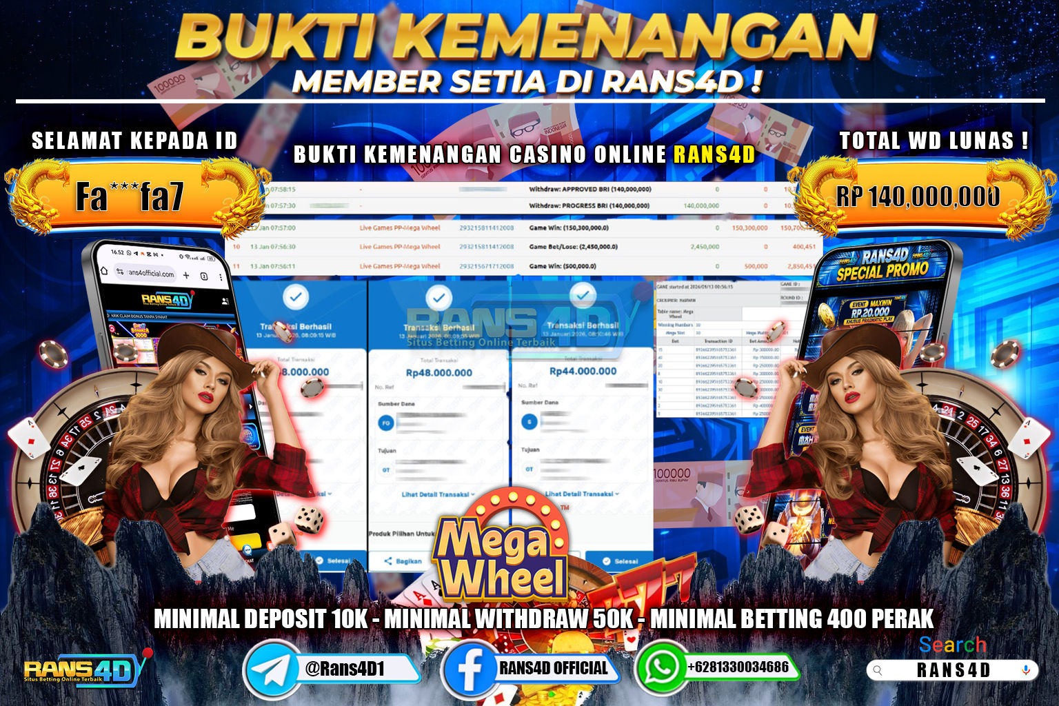 RANS4D JACKPOT CASINO ONLINE MEGA WHEEL RP 140.000.000; LUNAS