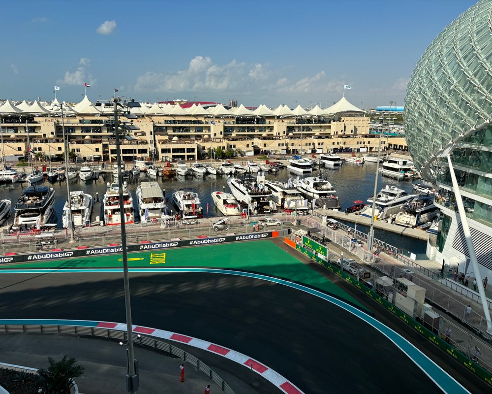 The balcony of the W Hotel Suite overlooks the harbor area of Yas Marina Circuit
