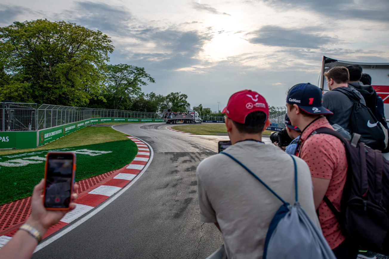 Formula One supporters on a flatbed truck for a track tour at the Canadian GP