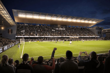 Craven Cottage during a Fulham match in the evening