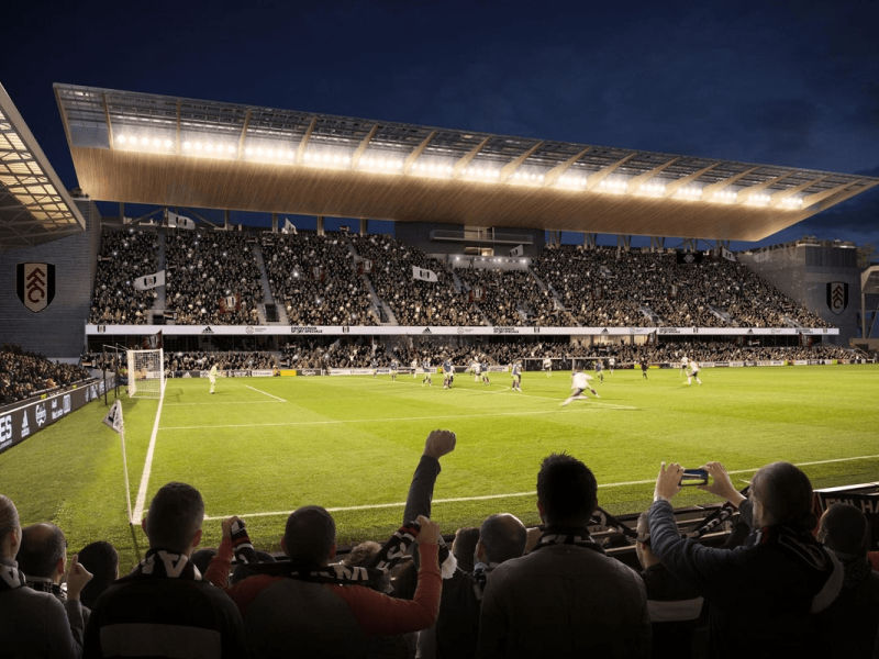 Craven Cottage during a Fulham match in the evening