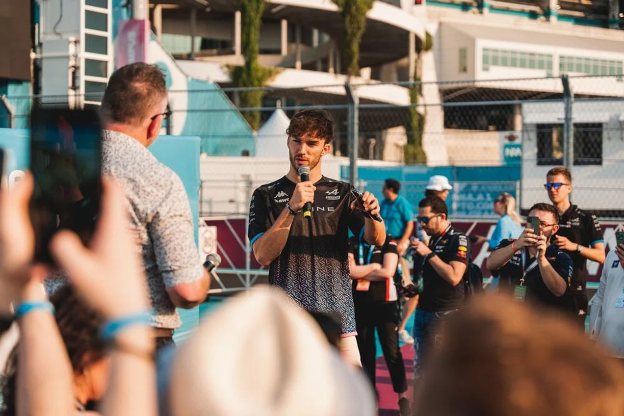 Pierre Gasley speaks during a special guest appearance at the Miami GP