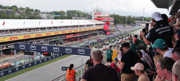 Fans on the Main Grandstand of Circuit de Barcelona-Catalunya checking out the starting line-up