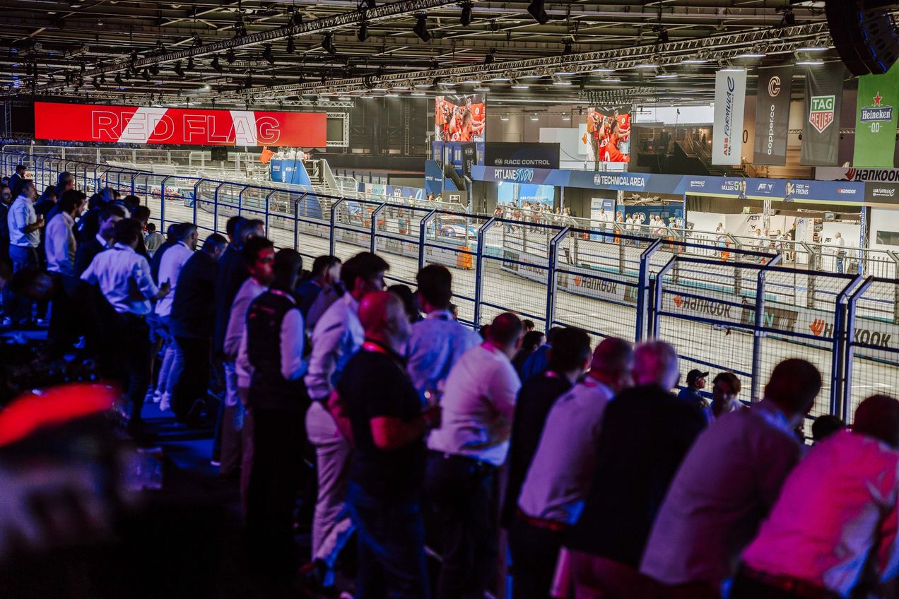 Guests watch the London E-Prix from a Grandstand