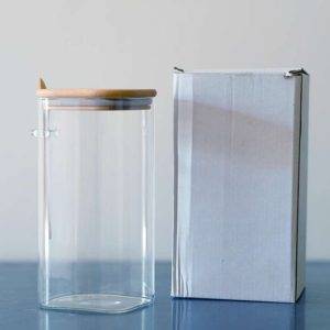Borosil Jar Sq Big + Wood Lid and Spoon