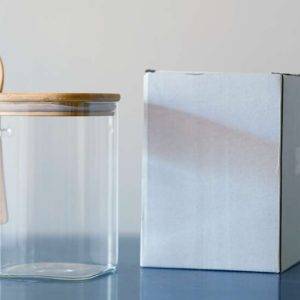 Borosil Jar Sq Med + Wood Lid and Spoon