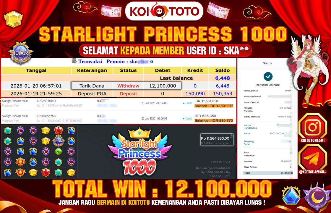 BIG WIN !! MENANG BESAR DI PERMAINAN STARLIGHT PRINCESS 1000 RP 12.100.000 !!! KOITOTO LANGSUNG BAYAR LUNAS