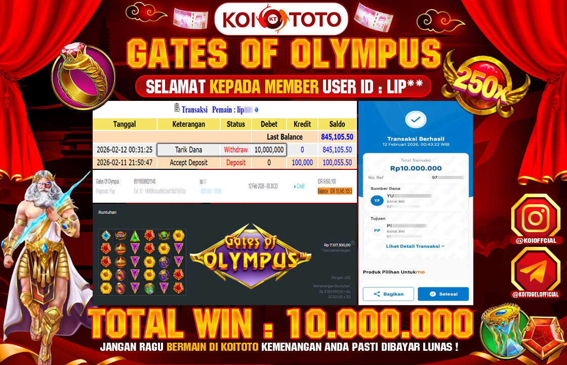 BIG WIN !! MENANG BESAR DI PERMAINAN GATES OF OLYMPUS SEBESAR RP 10.000.000 !!! KOITOTO LANGSUNG BAYAR LUNAS