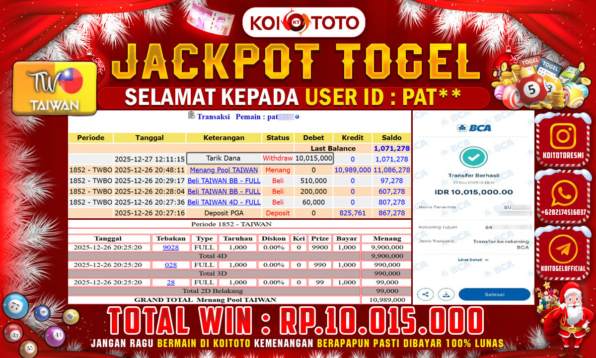 JACKPOT TOGEL !! MENANG BESAR DI PASARAN TAIWAN SEBESAR RP 10.015.000 !!  KOITOTO DIBAYAR SECEPAT KILAT