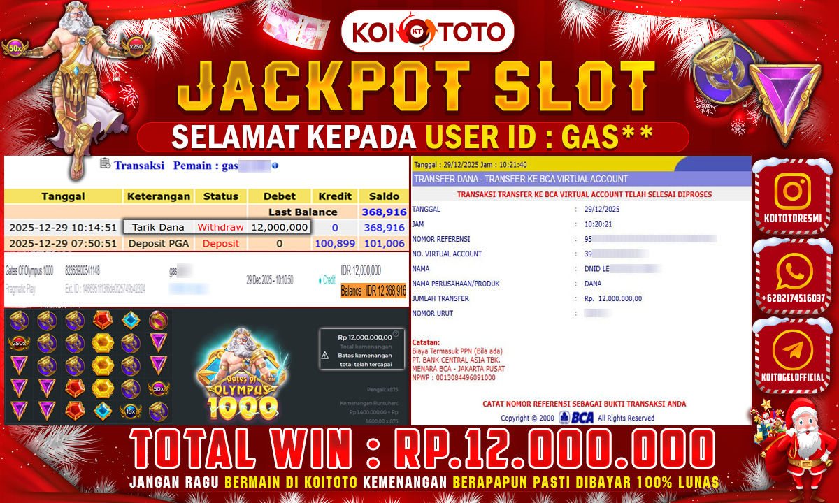MAX WIN !! KEMENANGAN BESAR DI PERMAINAN GATES OF OLYMPUS 1000 SEBESAR RP 12.000.000 SECEPAT KILAT LANGSUNG DI BAYAR LUNAS OLEH KOITOTO !!