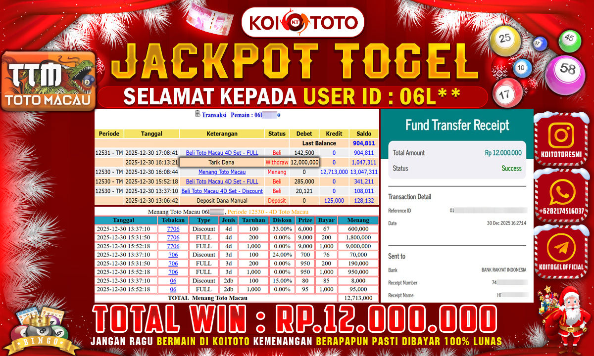JACKPOT TOGEL !! MENANG BESAR DI PASARAN TOTO MACAU SEBESAR RP 12.000.000 !!  KOITOTO DIBAYAR SECEPAT KILAT