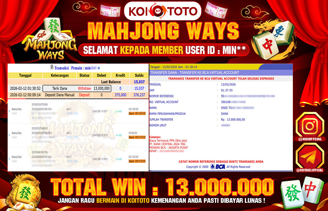BIG WIN !! MENANG BESAR DI PERMAINAN MAHJONG WAYS SEBESAR RP 13.000.000 !!! KOITOTO LANGSUNG BAYAR LUNAS