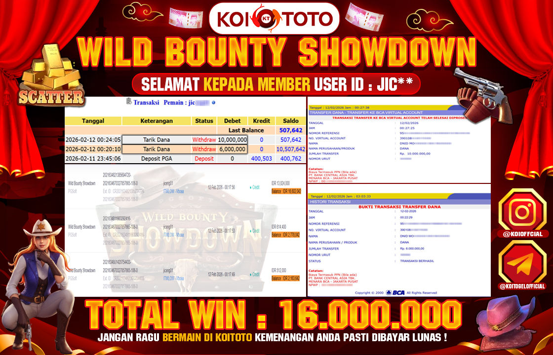 BIG WIN !! MENANG BESAR DI PERMAINAN WILD BOUNTY SHOWDOWN SEBESAR RP 16.000.000 !!! KOITOTO LANGSUNG BAYAR LUNAS