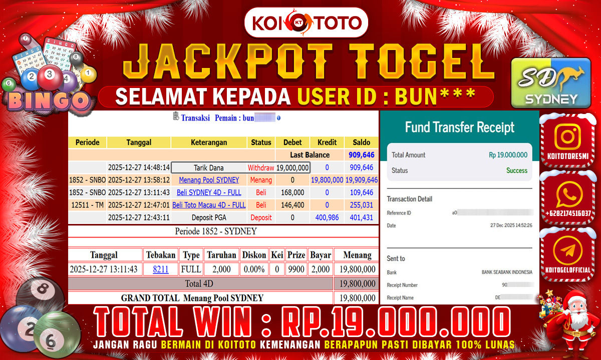 JACKPOT TOGEL !! MENANG BESAR DI PASARAN SYDNEY SEBESAR RP 19.000.000 !!  KOITOTO DIBAYAR SECEPAT KILAT