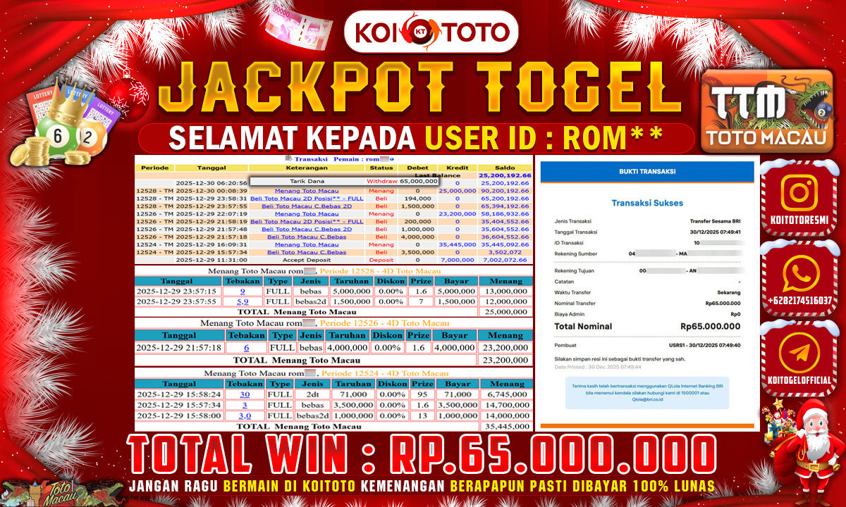 JACKPOT TOGEL !! MENANG BESAR DI PASARAN TOTO MACAU SEBESAR RP 65.000.000 !!  KOITOTO DIBAYAR SECEPAT KILAT