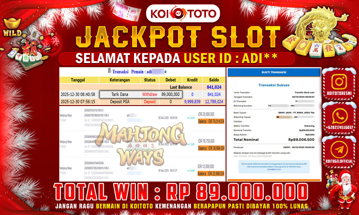 MEGA WIN !! KEMENANGAN BESAR DI PERMAINAN MAHJONG WAYS  SEBESAR RP 89.000.000 SECEPAT KILAT LANGSUNG DI BAYAR LUNAS OLEH KOITOTO !!