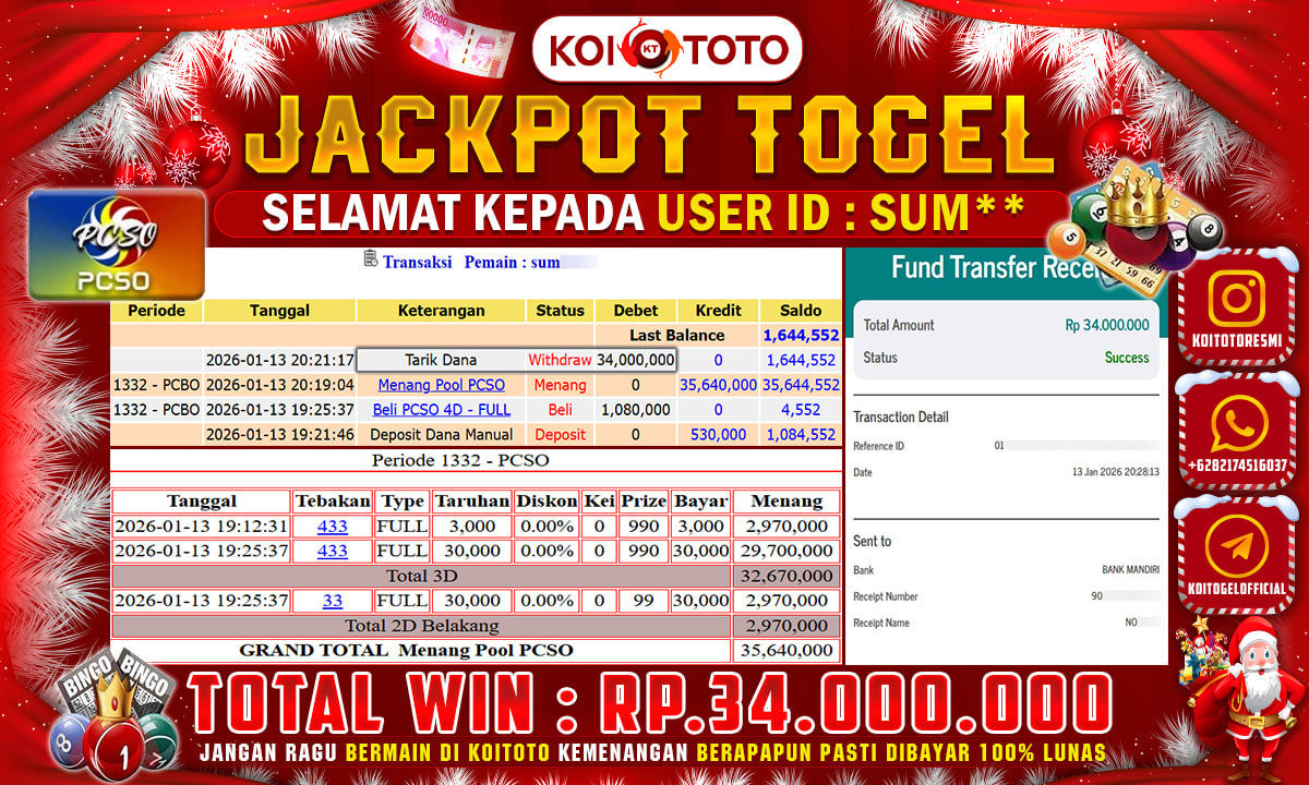 JACKPOT TOGEL !! MENANG BESAR DI PASARAN PCSO SEBESAR Rp 34.000.000 KOITOTO DIBAYAR SECEPAT KILAT !!