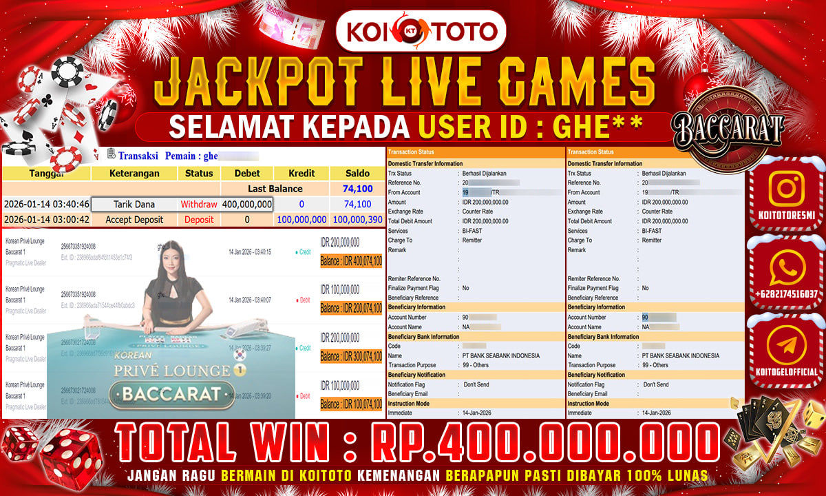 SUPER WIN !! MENANG RATUSAN JUTA DI PERMAINANKOREAN PRIVE LOUNGE BACCARAT SEBESAR Rp 400.000.000 LANGSUNG DI BAYAR LUNAS OLEH KOITOTO !!