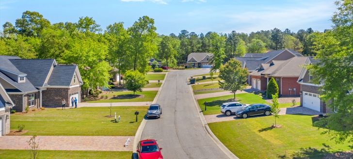 Aerial view of a residential neighborhood streetscape