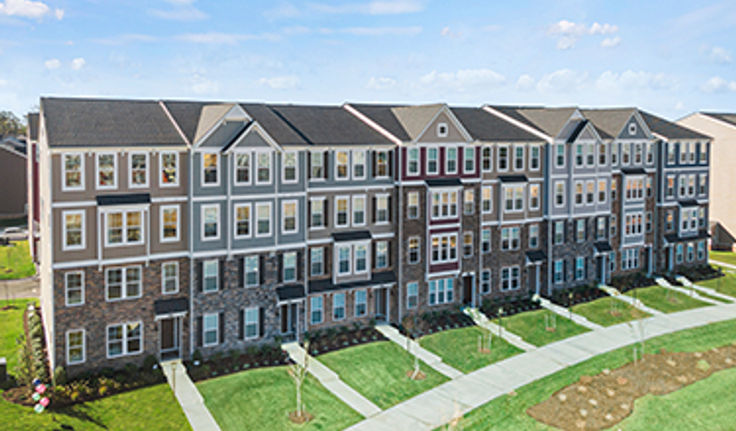 Mockup street view of townhomes in the Retreat at One