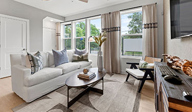 family room with bright windows