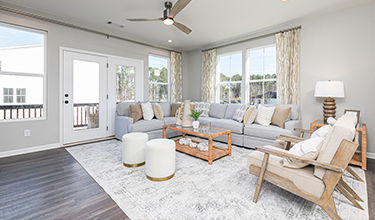 family room with bright windows