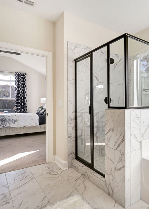 Shower with bedroom in background