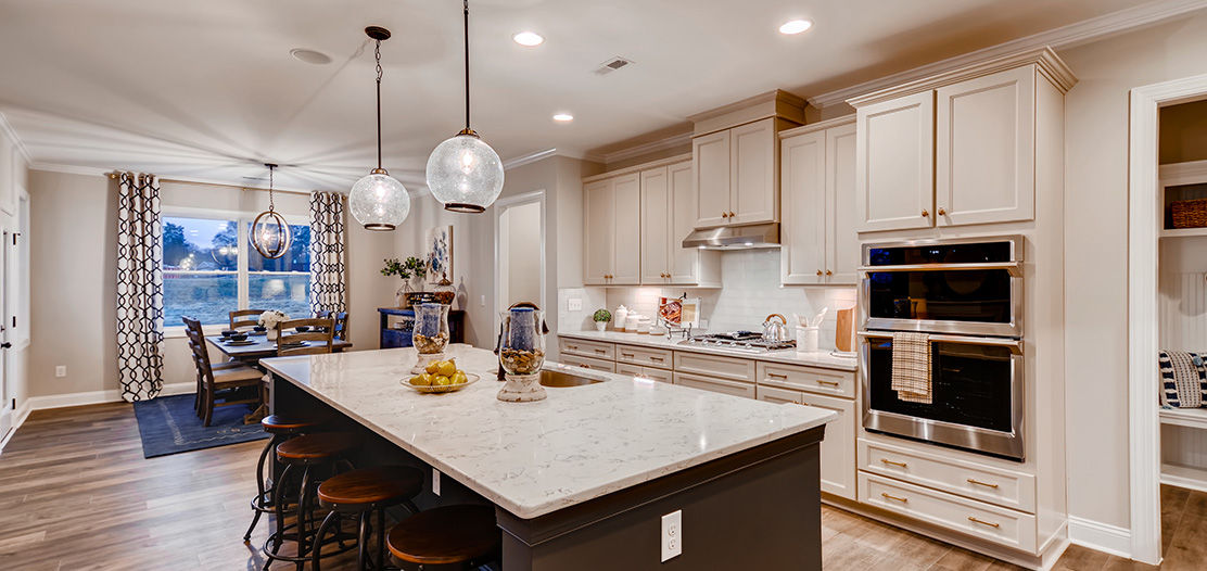 Kitchen with hanging light fixtures