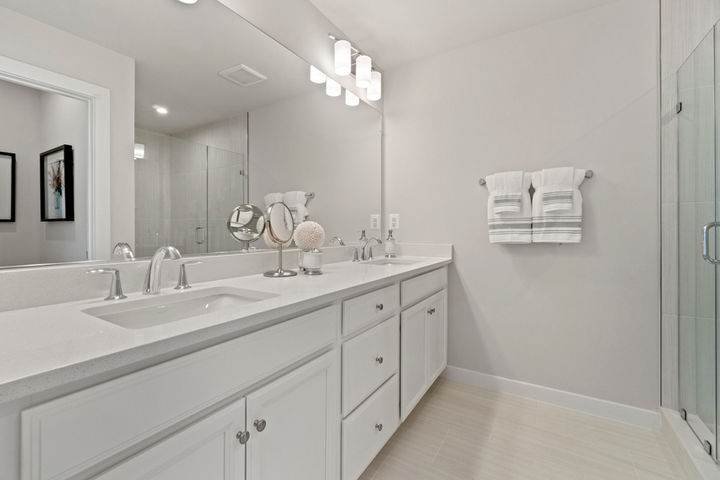 primary bath with vanity and double sinks