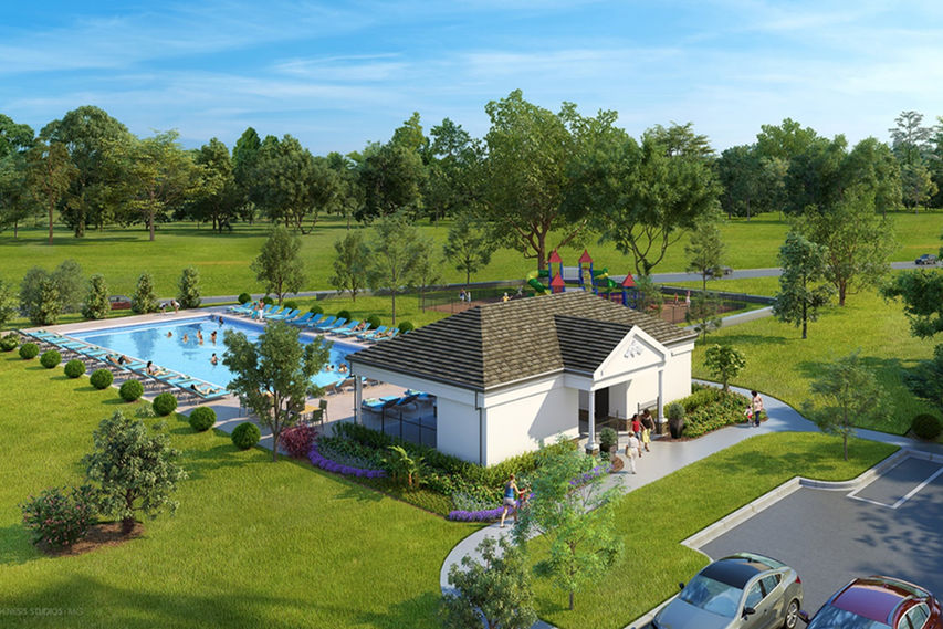 Rendering of Pool, cabana, and playground at Beresford Woods